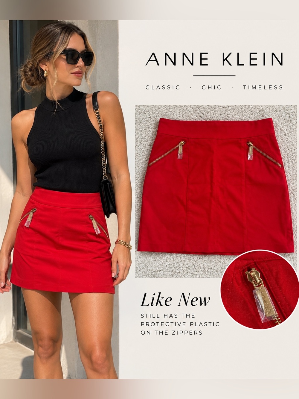 Anne Klein Red Mini Skirt Gold Zip Pockets Size S